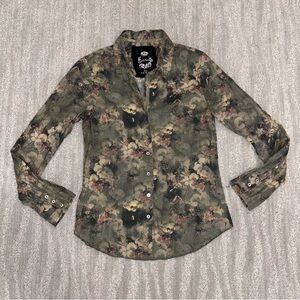 Cino Floral Print Button Up Shirt Crinkle Texture Roll Tab Y2K Women’s Size S